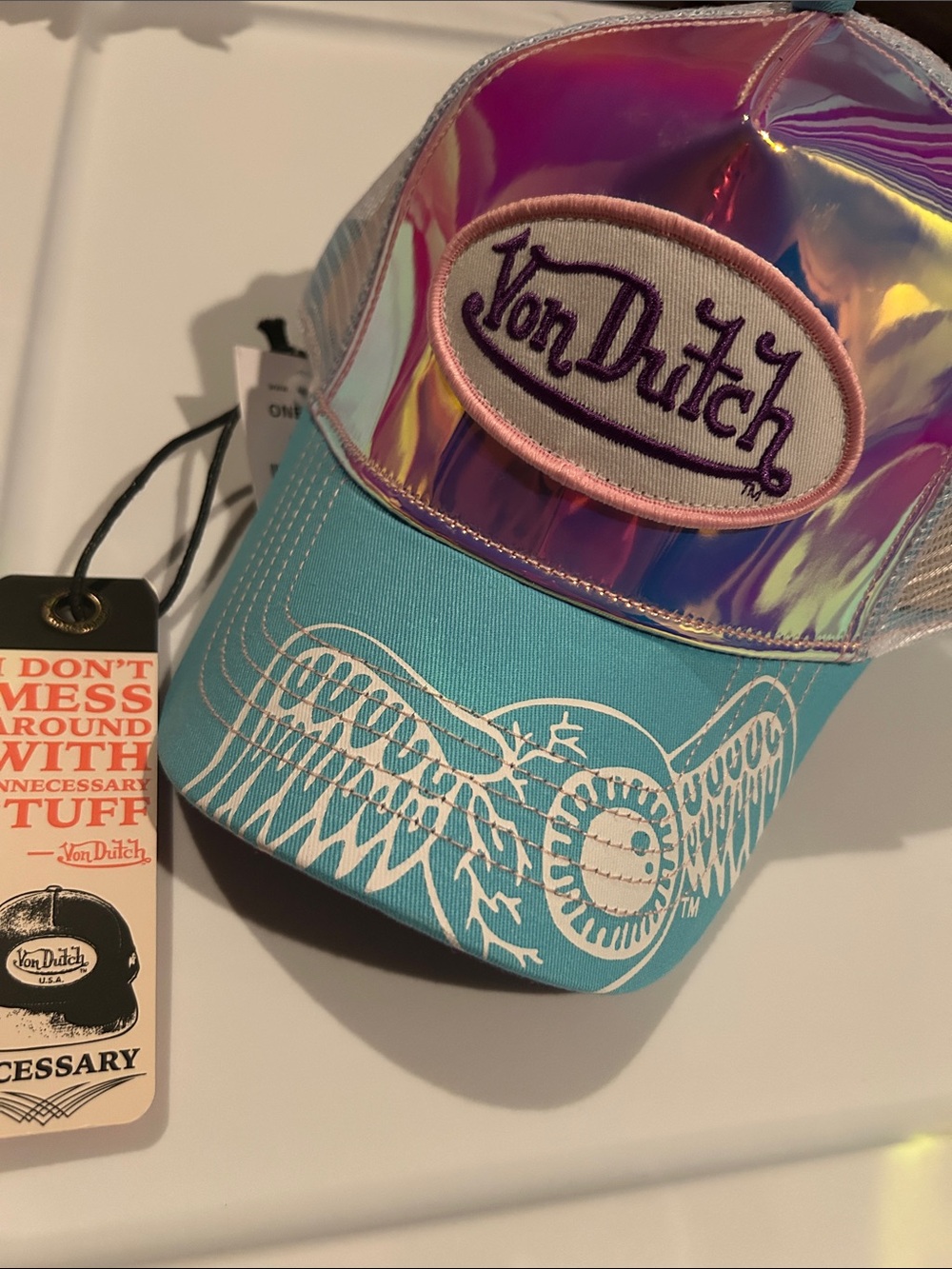 Von Dutch Iridescent Flying Eyeball Trucker Hat Blue Combo Y2K Festival NWT - Picture 4 of 6